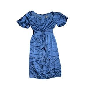 BCBG Paris Navy Blue Satin like Dress tie cinched waist knee length Size 2
